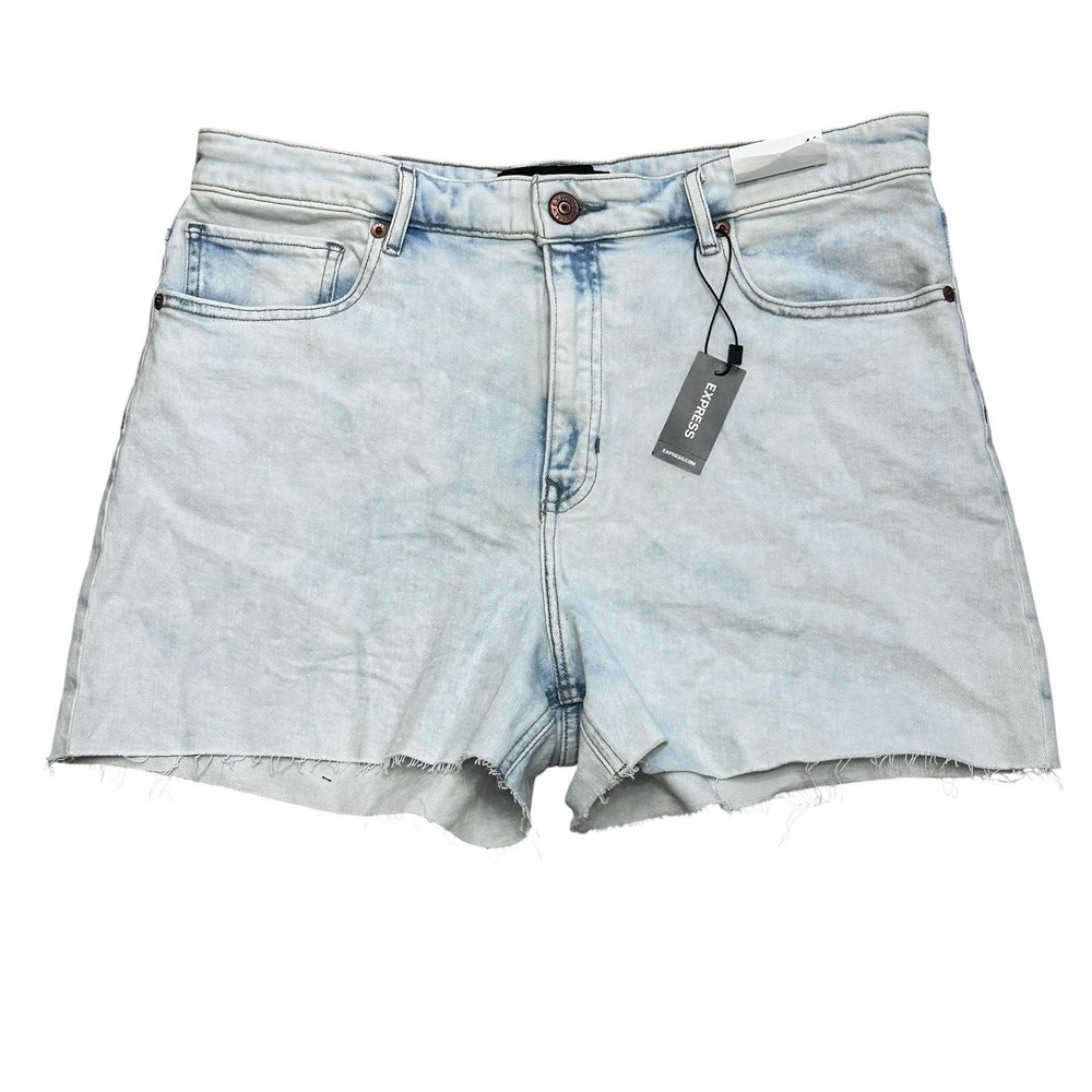 Express Women's Shorts Size 14 Denim Midi High Rise Acid Wash Raw Hem Retro